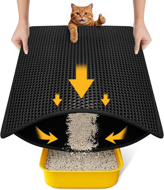 Cat Litter Mat Litter Box Mat, EVA Honeycomb Double Layer Design, Urine & Waterproof, Scatter Control Kitty Litter Mat, Less Waste, Easier to Clean,Washable, Black