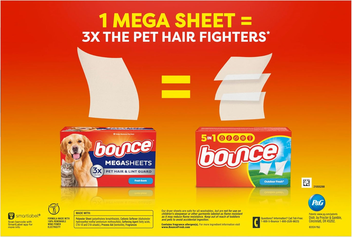 Pet Hair and Lint Guard Mega Dryer Sheets with 3X Pet Hair Fighters, Fresh Scent, 180 Count