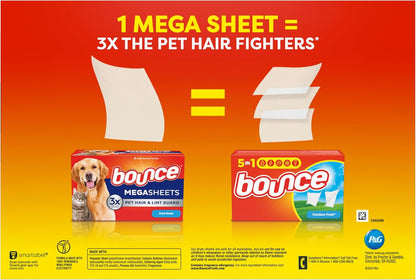 Pet Hair and Lint Guard Mega Dryer Sheets with 3X Pet Hair Fighters, Fresh Scent, 180 Count