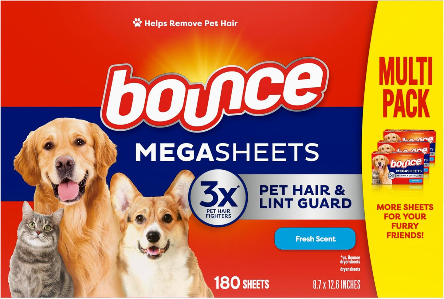 Pet Hair and Lint Guard Mega Dryer Sheets with 3X Pet Hair Fighters, Fresh Scent, 180 Count