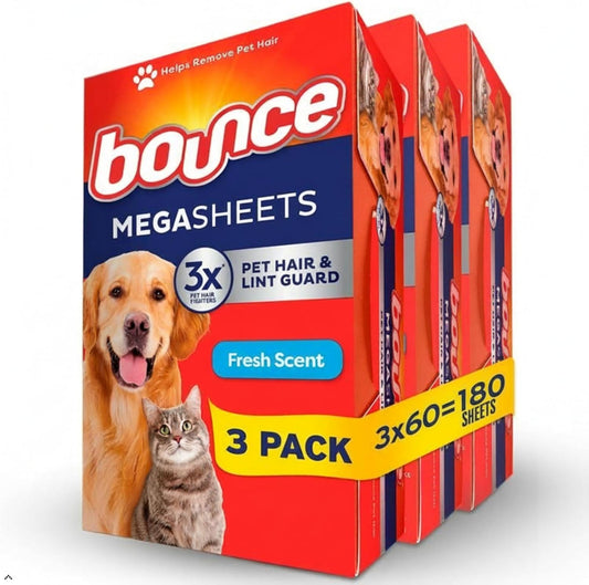 Pet Hair and Lint Guard Mega Dryer Sheets with 3X Pet Hair Fighters, Fresh Scent, 180 Count