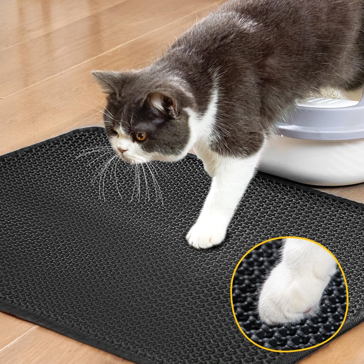 Cat Litter Mat Litter Box Mat, EVA Honeycomb Double Layer Design, Urine & Waterproof, Scatter Control Kitty Litter Mat, Less Waste, Easier to Clean,Washable, Black